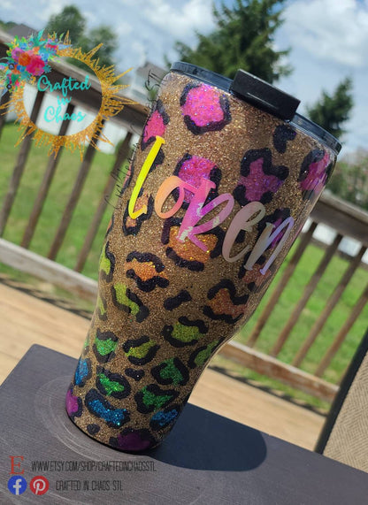 Glittered Neon Leopard Print Tumbler | Personalized Tumbler