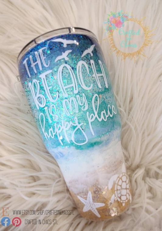 The Beach Is My Happy Place Personalized Glitter Tumbler