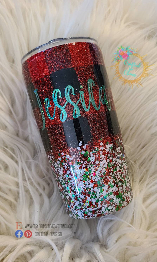 Buffalo Plaid Personalized Glitter Tumbler