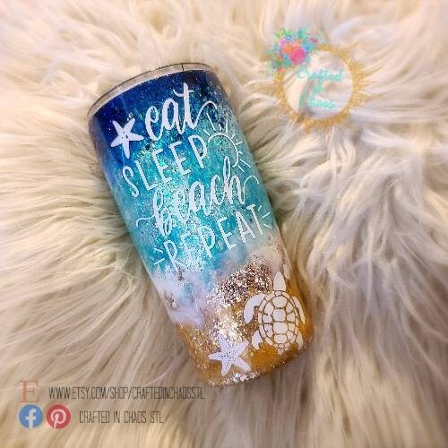 "Eat Sleep Beach Repeat" Personalized Glitter Tumbler