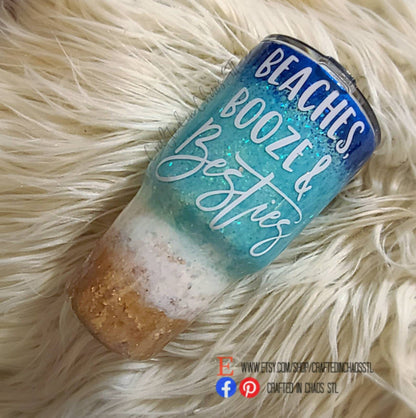 Beaches, Booze & Besties Personalized Beach Glitter Tumber