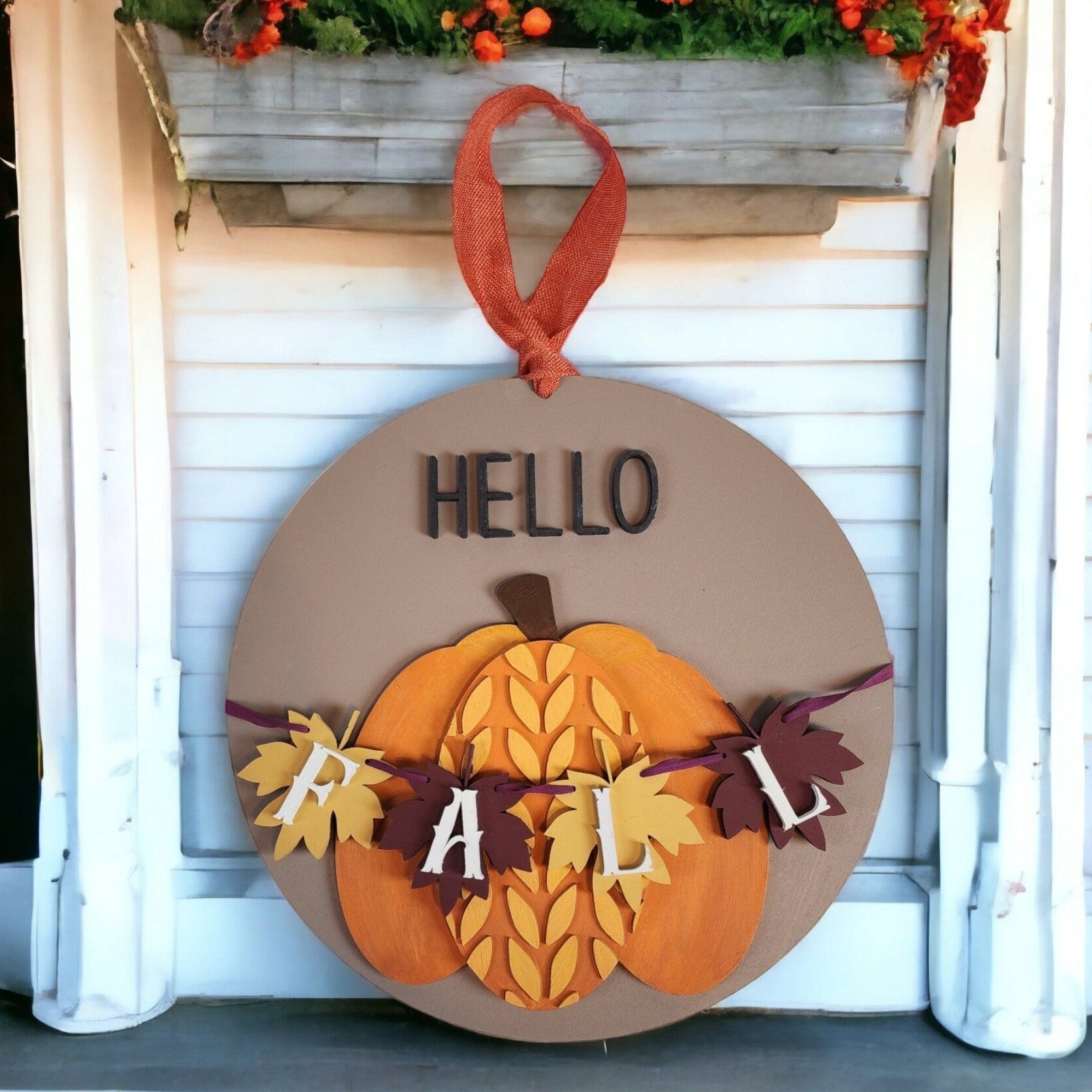 Hello Fall - Autumn Leaves Door Sign: Whimsical Fall Home Decor, Hand-Painted Wooden Sign, Seasonal Welcome Plaque, Harvest Festive Design.